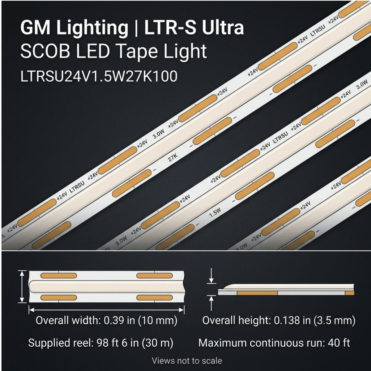 GM Lighting LTR-S Ultra LED tape light strip with width and height dimensions shown