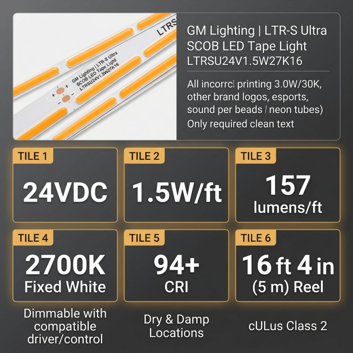GM Lighting LTR-S Ultra LED tape light close-up with product specifications, including 24VDC and 2700K.