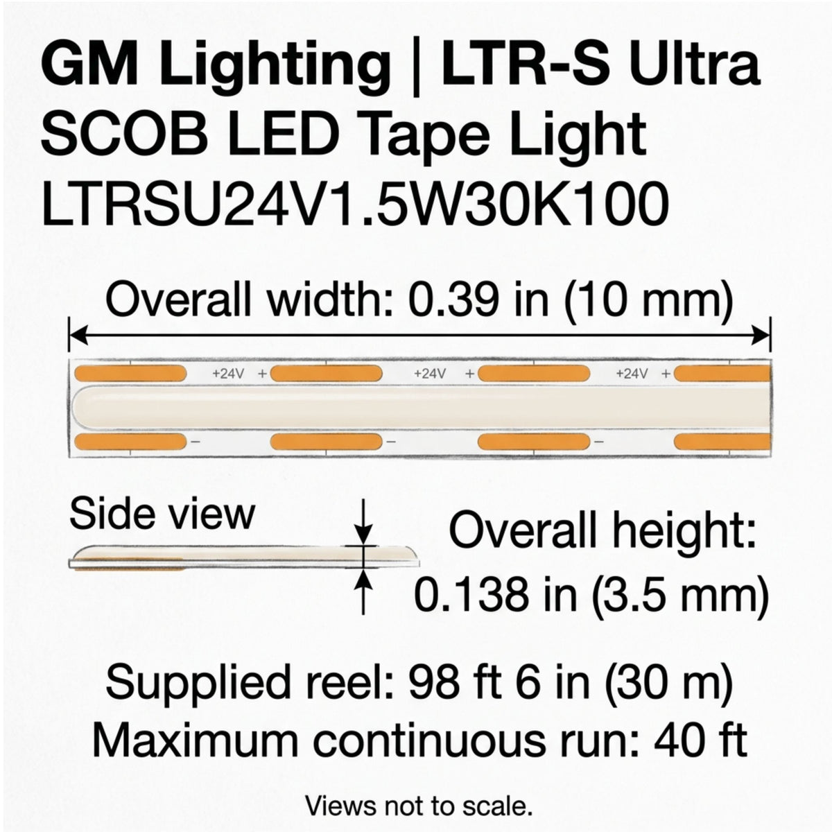 GM Lighting LTR-S Ultra LED tape light dimension diagram showing 0.39-inch width and 0.138-inch height