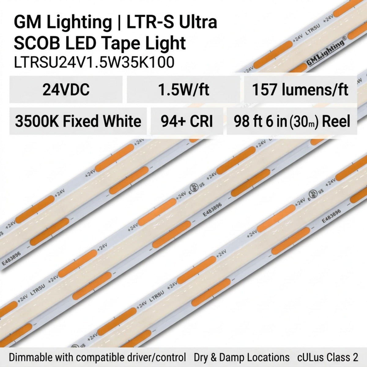 Flexible LED tape light with orange segments and printed product specifications