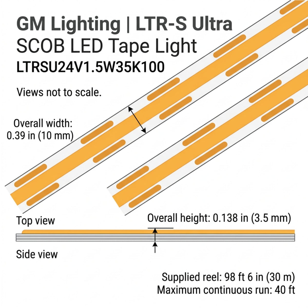 LED tape light top and side views with width and height measurements