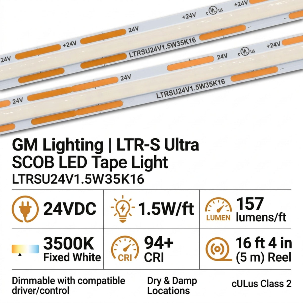GM Lighting LTR-S Ultra LED tape light with printed voltage and model markings