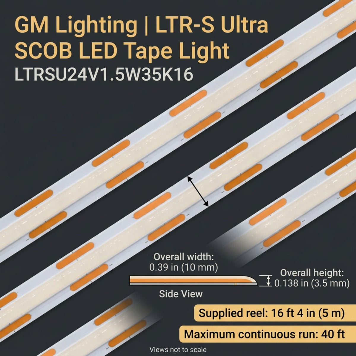 GM Lighting LTR-S Ultra LED tape light showing its 0.39-inch width and 0.138-inch height