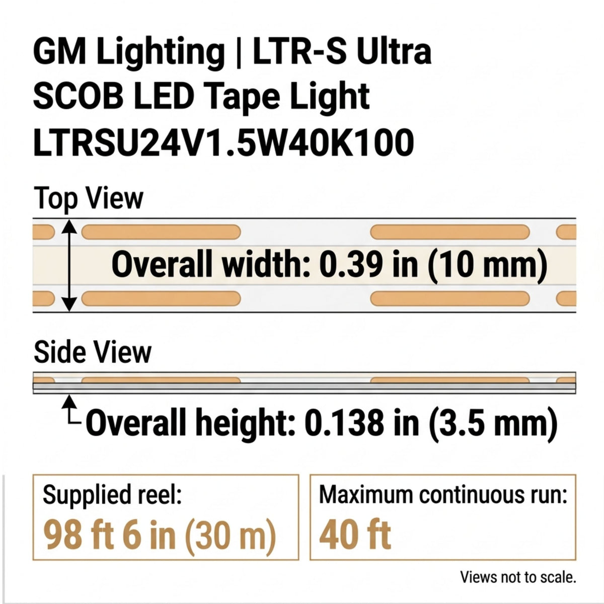 GM Lighting LTR-S Ultra LED tape light dimensions: 0.39-inch width and 0.138-inch height