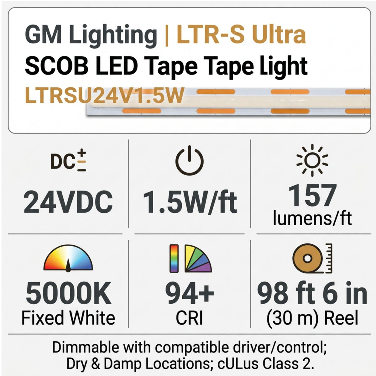 GM Lighting LTR-S Ultra LED tape light with a product specification chart
