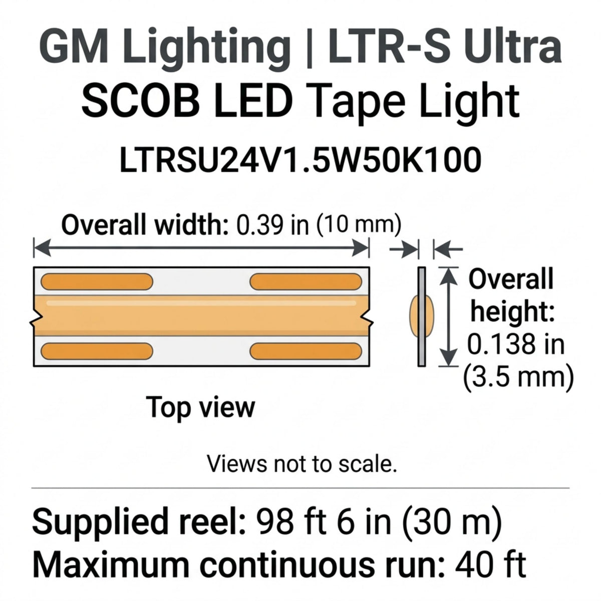 GM Lighting LTR-S Ultra LED tape light dimension diagram showing width and height