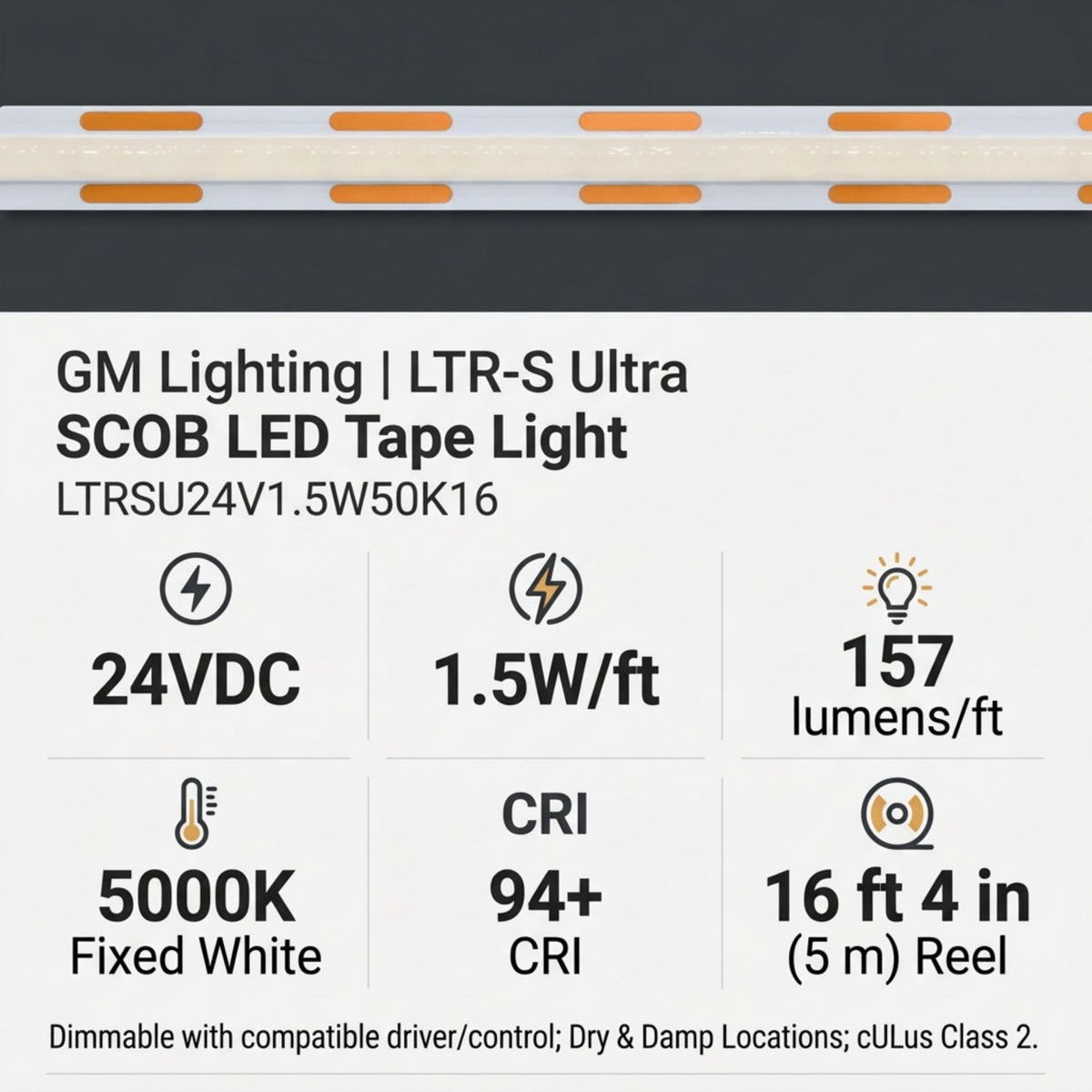 GM Lighting LTR-S Ultra LED tape light with 24V, 5000K and output specifications