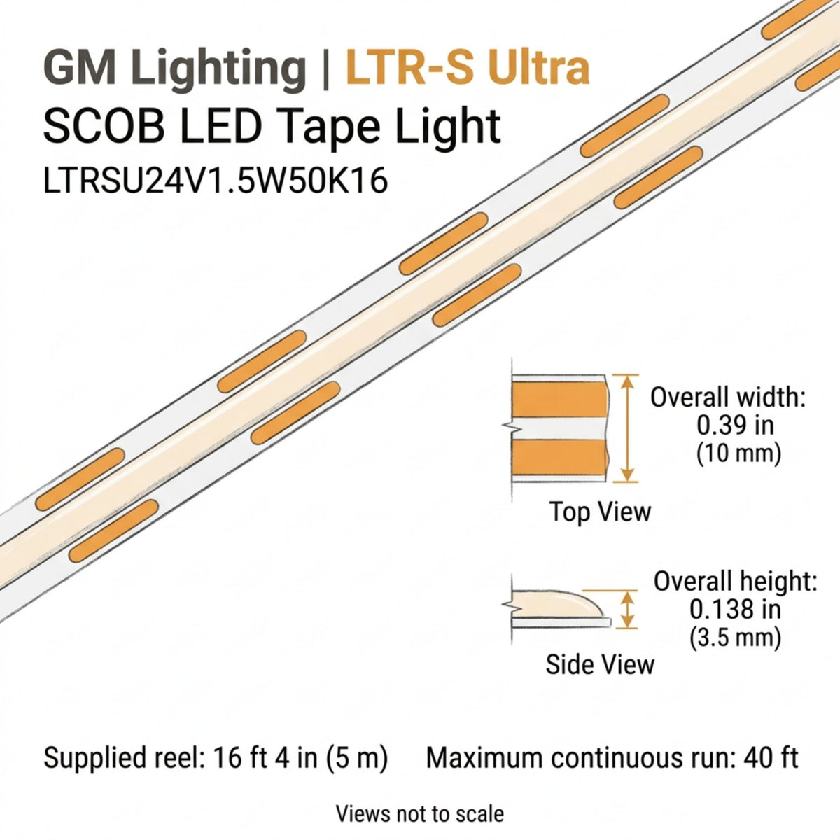 GM Lighting LTR-S Ultra LED tape light with width and height dimensions