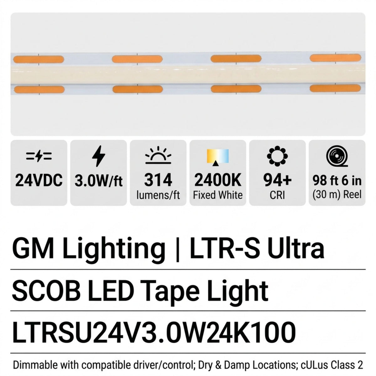 GM Lighting LTR-S Ultra LED tape light with 24V, 3W/ft and 2400K specifications