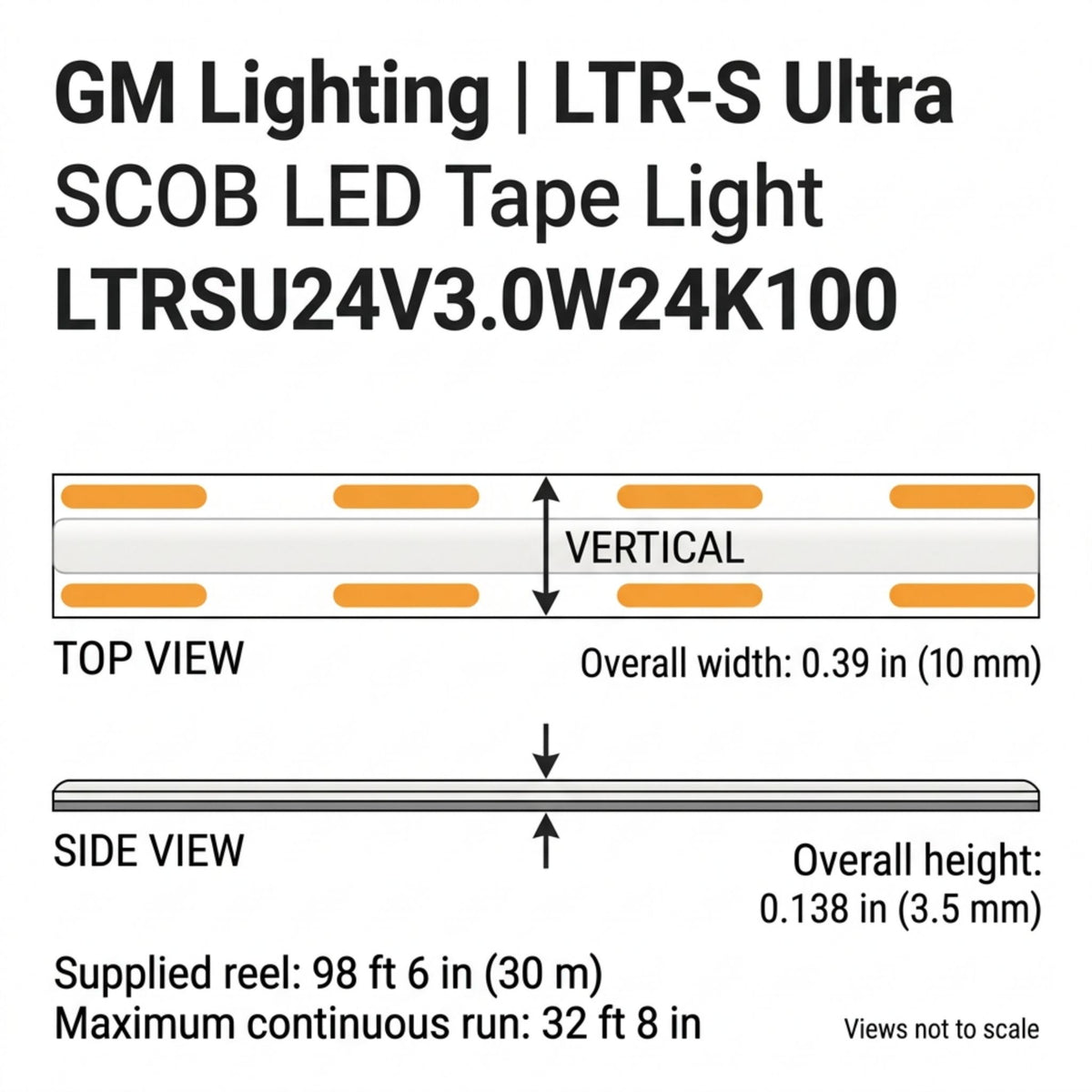 GM Lighting LTR-S Ultra LED tape light top and side views with width and height dimensions