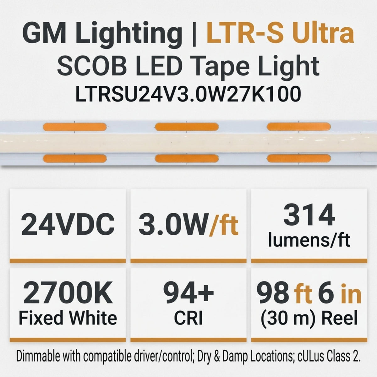 GM Lighting LED tape light strip with 2700K fixed white output and 24VDC specifications
