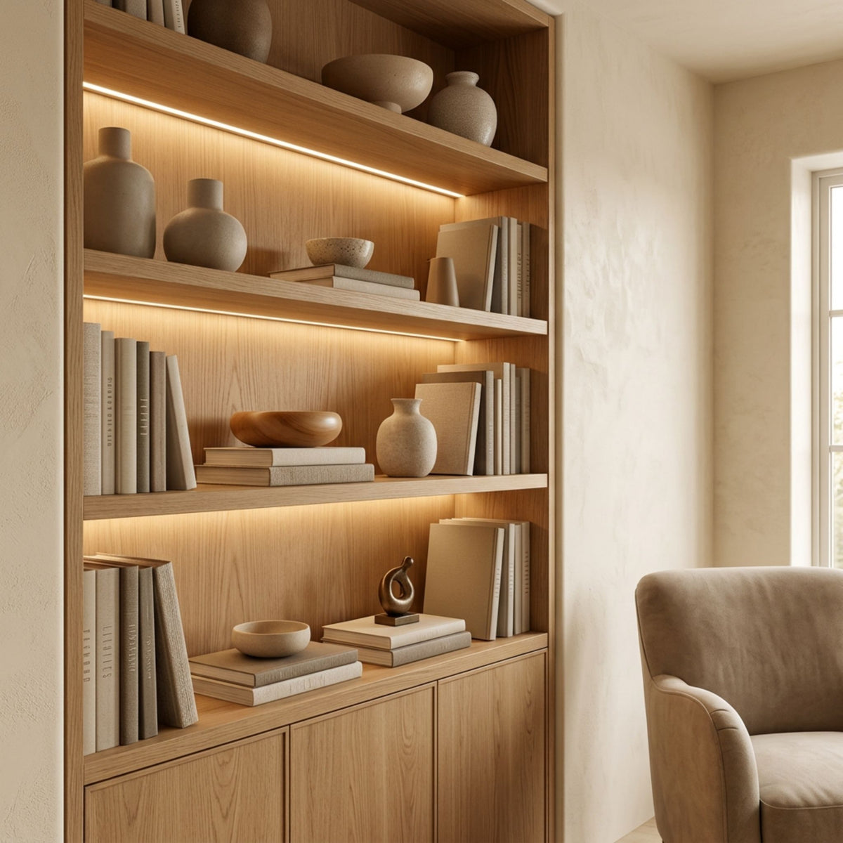 Warm LED tape light installed beneath wooden shelves