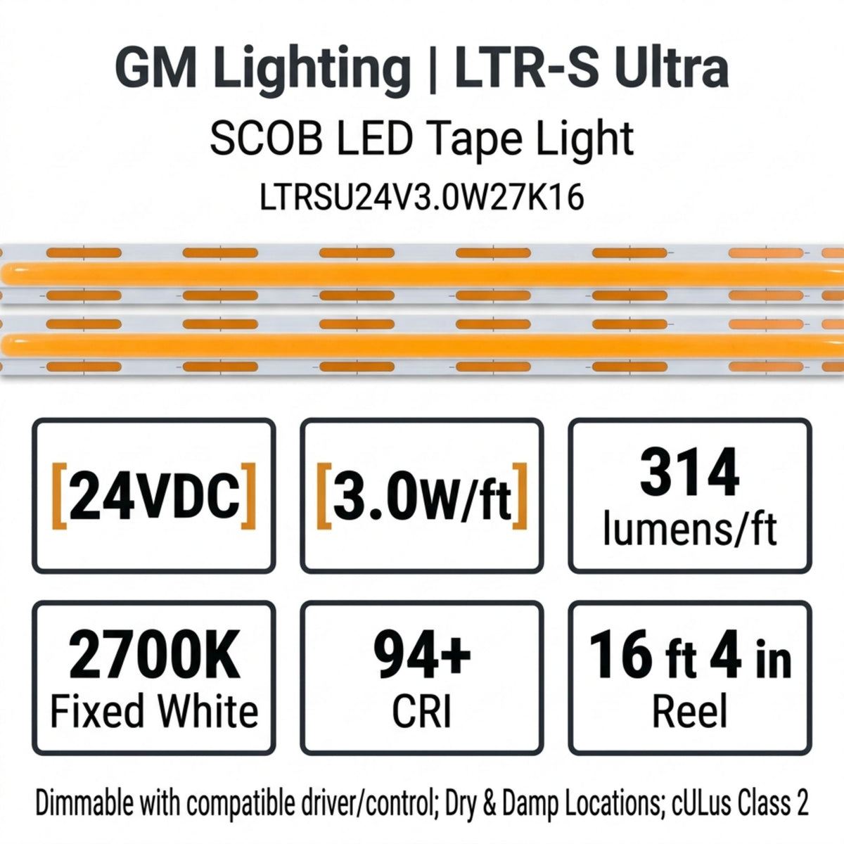 GM Lighting LTR-S Ultra LED tape light shown flat, with orange contact pads along the white strip