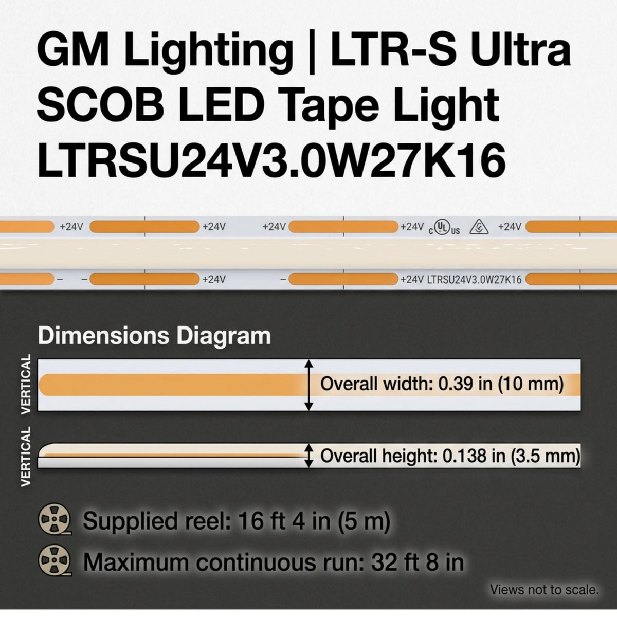 GM Lighting LTR-S Ultra LED tape light with diagrams showing strip dimensions and reel length