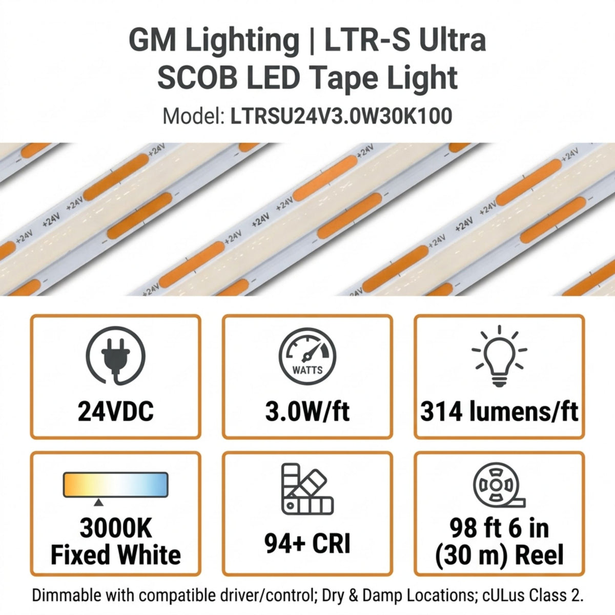 GM Lighting LTR-S Ultra LED tape light specifications: 24V, 3000K, 3W/ft, 314 lumens/ft