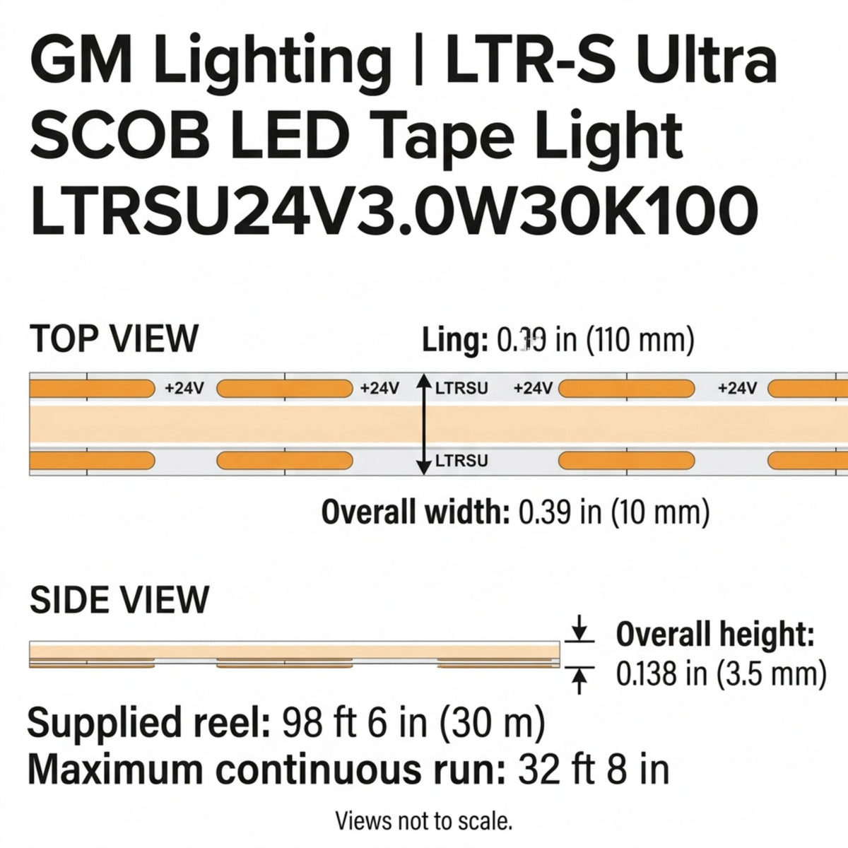 GM Lighting LTR-S Ultra LED tape light size diagram showing 0.39-inch width and 0.138-inch height