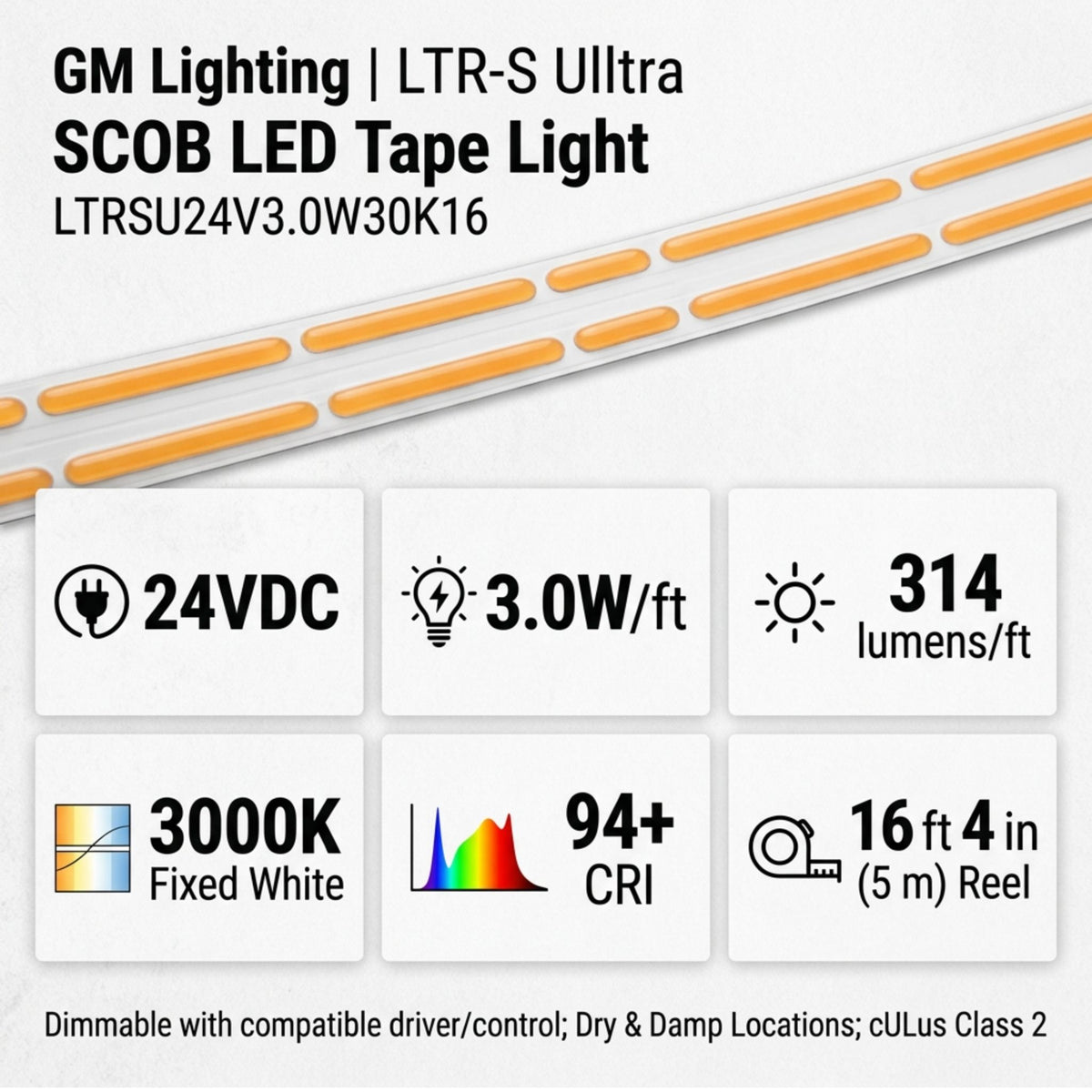 GM Lighting SCOB LED tape light with 24VDC, 3000K fixed white, 3 W/ft output and 314 lm/ft.