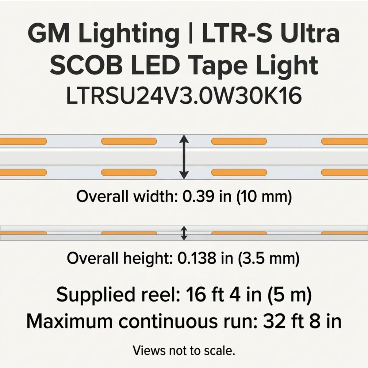 GM Lighting LED tape light dimensions: 0.39-inch width and 0.138-inch height.