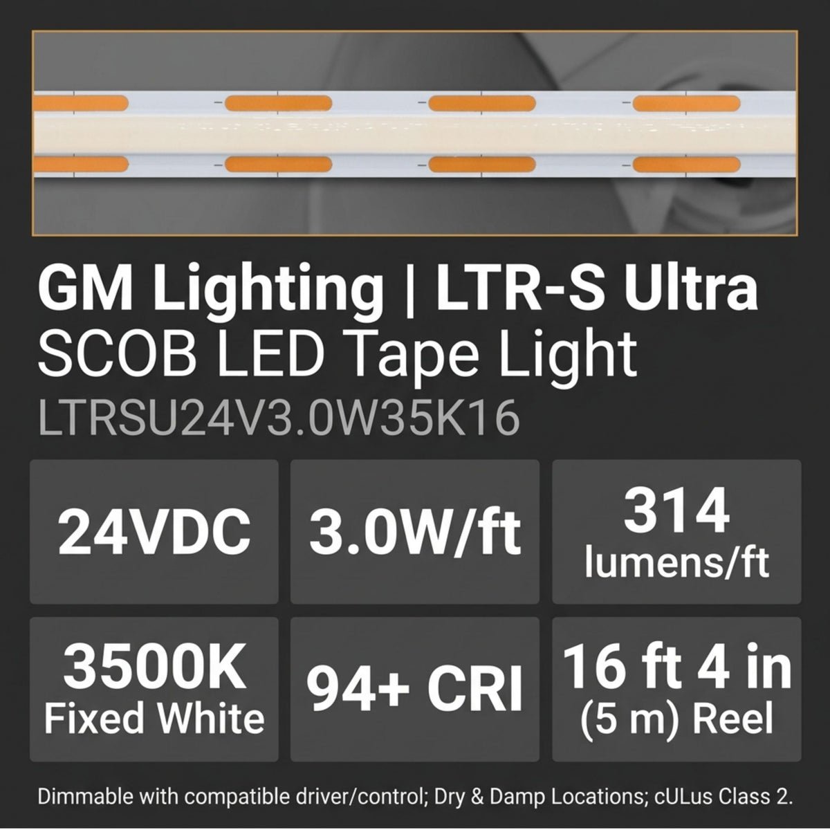 GM Lighting LTR-S Ultra LED tape light strip with product specifications
