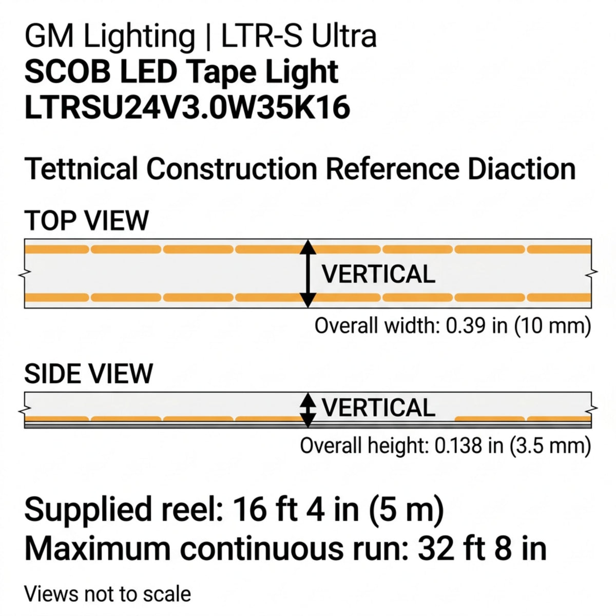 GM Lighting LTR-S Ultra LED tape light dimension diagram, showing width and height