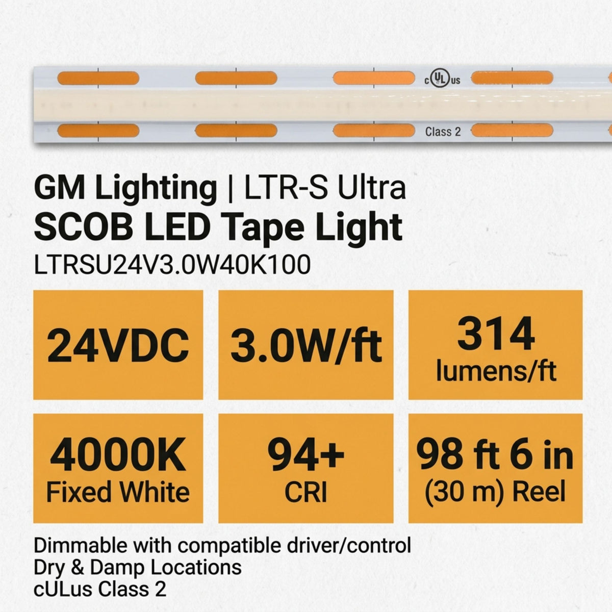 GM Lighting LTR-S Ultra LED tape light with specifications for 24V, 4000K and 314 lumens per foot.