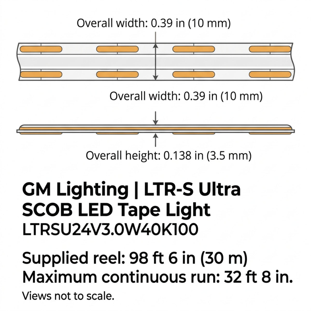 GM Lighting LTR-S Ultra LED tape light dimension diagram showing 0.39-inch width.