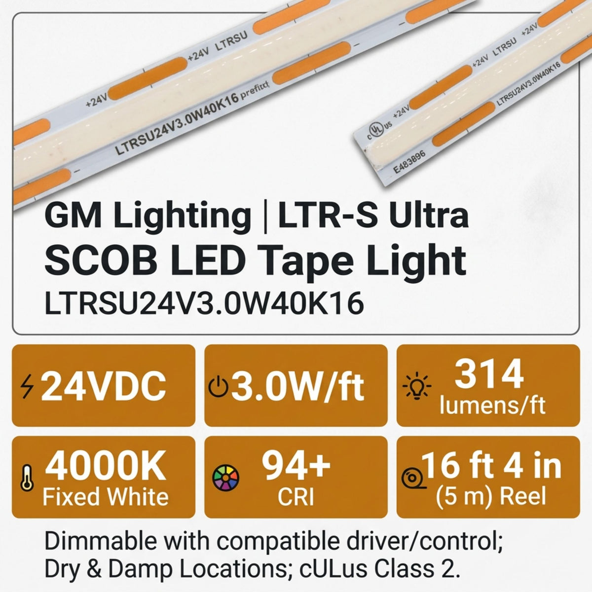 LED tape light product graphic with 24V, 4000K, 314 lumens per foot and reel details