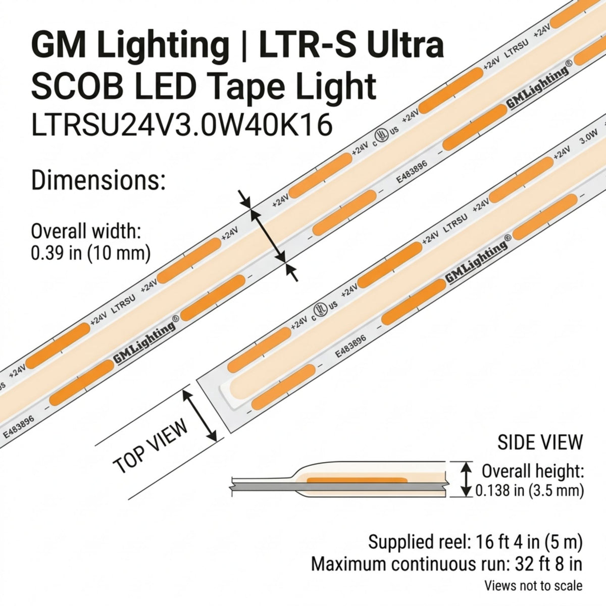 LED tape light dimensions diagram showing top and side views