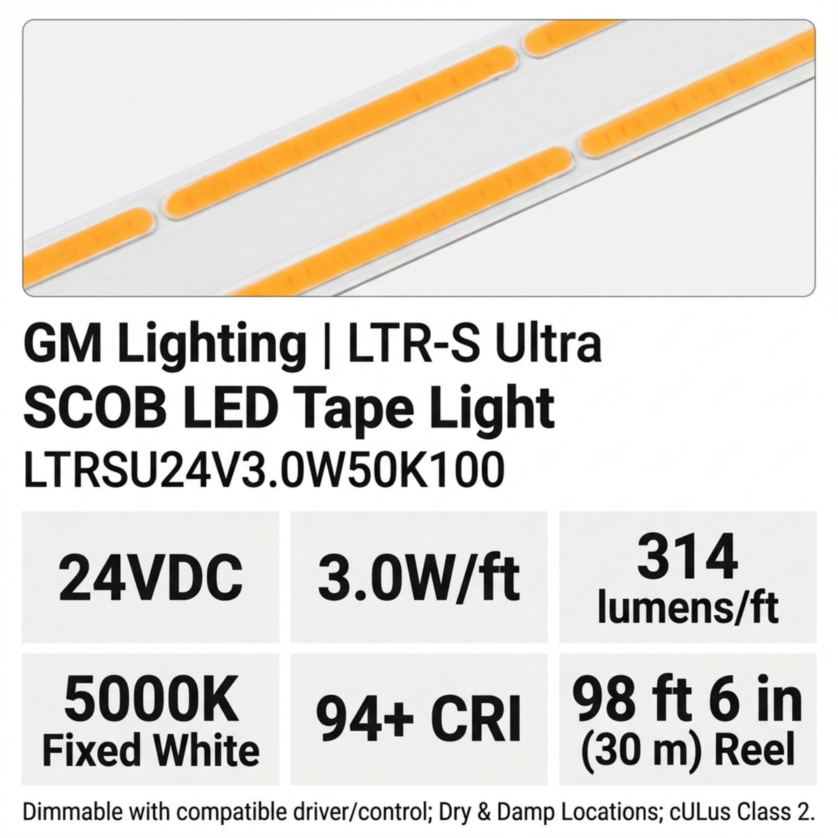 GM Lighting LTR-S Ultra LED tape light detail with orange LED segments and product specifications.