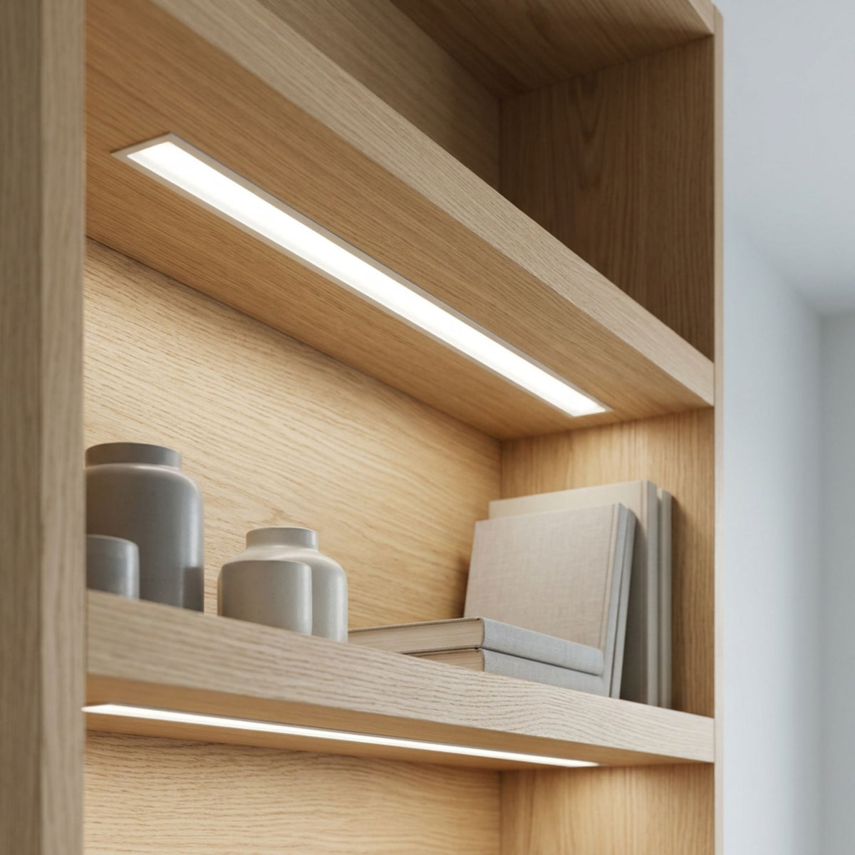 LED tape light installed beneath wooden shelves.