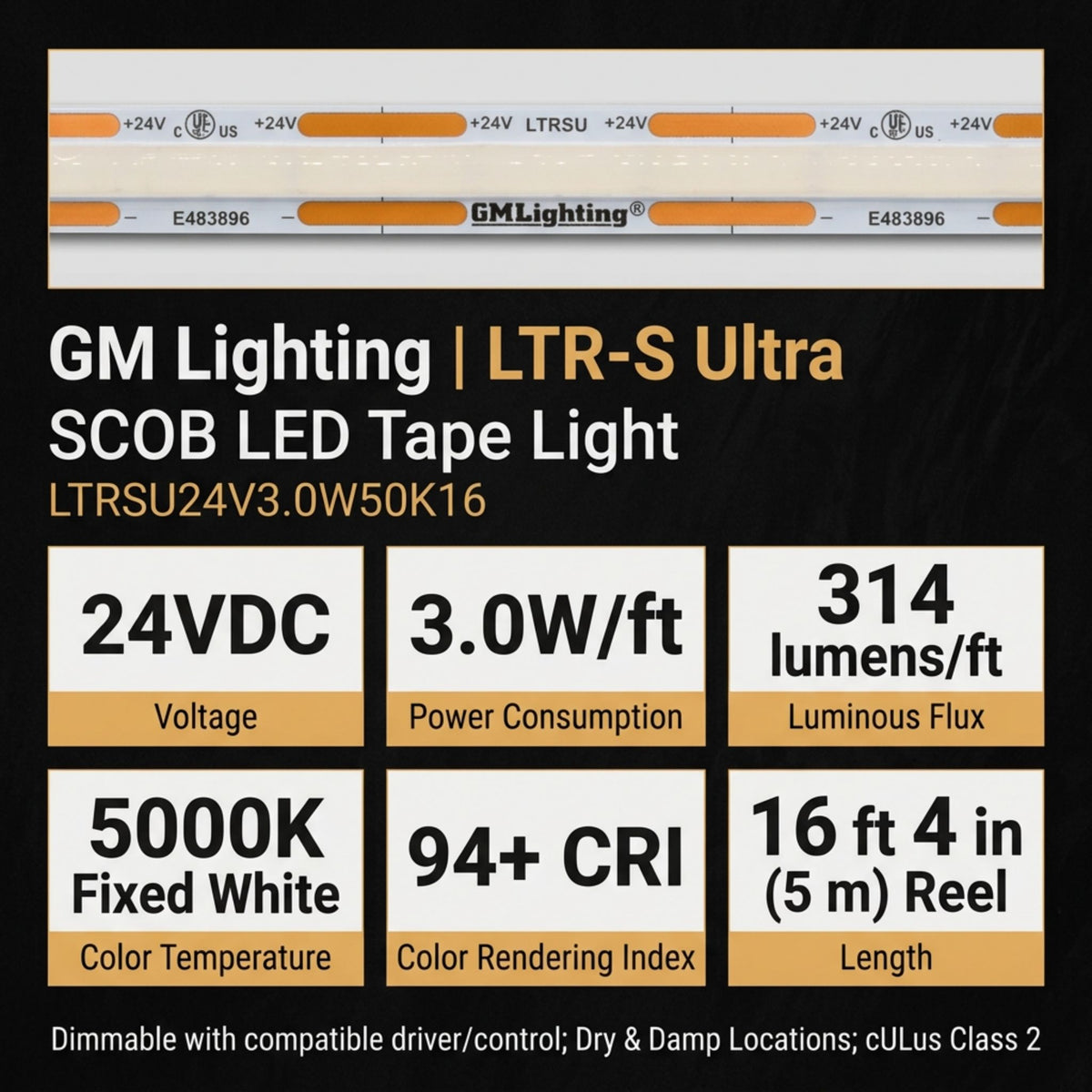 GM Lighting LTR-S Ultra LED tape light shown with its 24V, 5000K, and output specifications