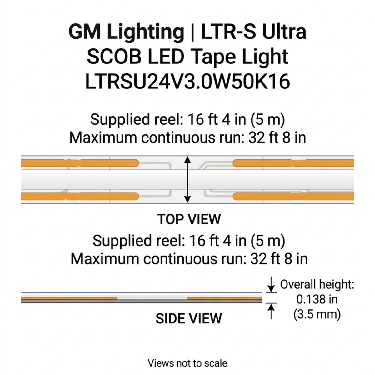 GM Lighting LTR-S Ultra LED tape light shown in top and side views with dimensions