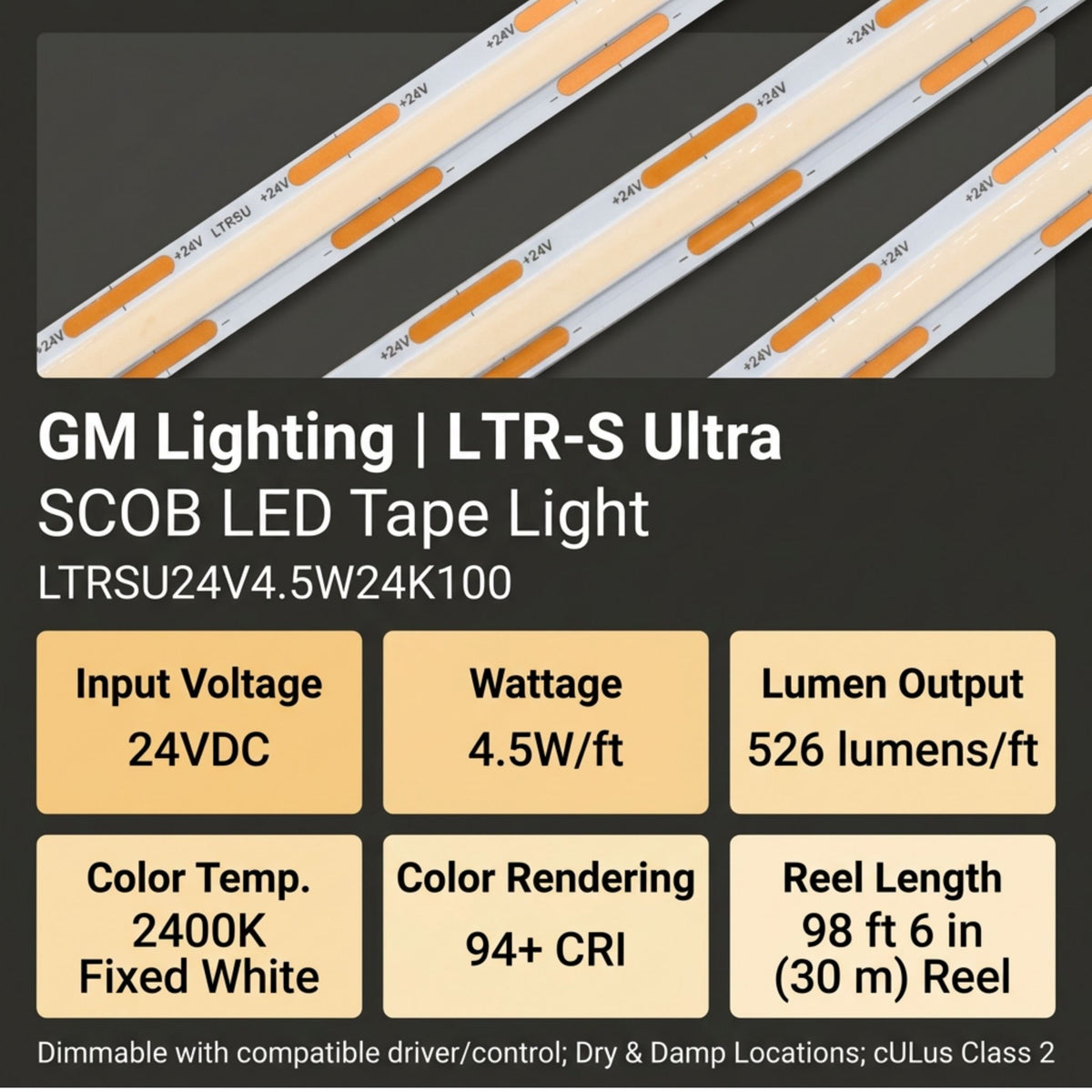 GM Lighting LTR-S Ultra LED tape light with product specifications, including 2400K color temperature