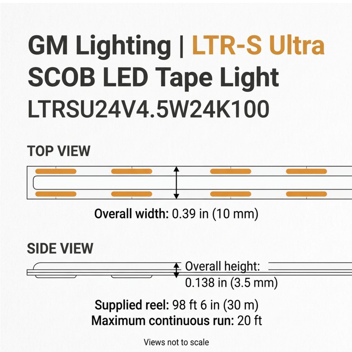 GM Lighting LTR-S Ultra LED tape light dimension diagram showing top and side views