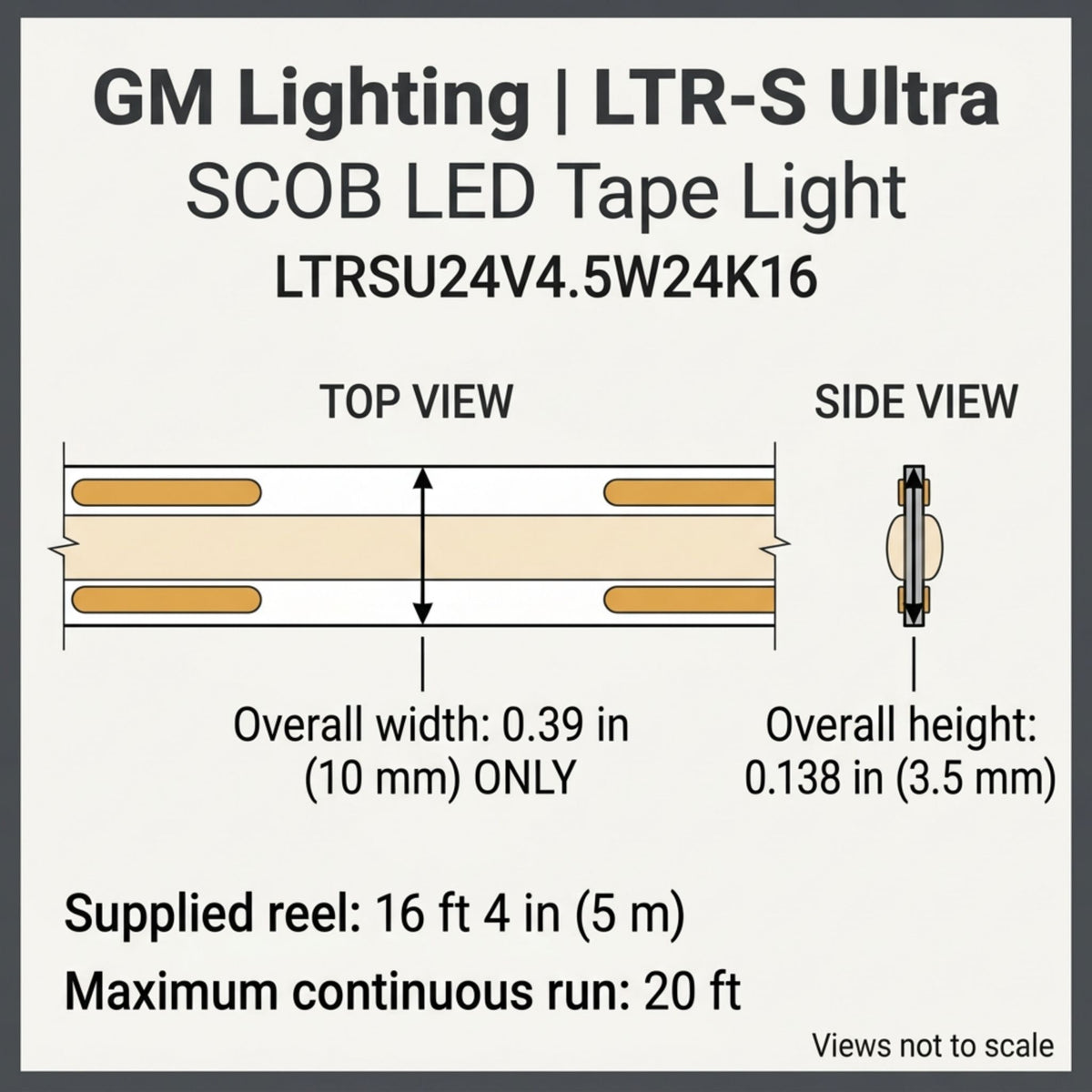 GM Lighting LTR-S Ultra LED tape light diagram showing its top and side profile.