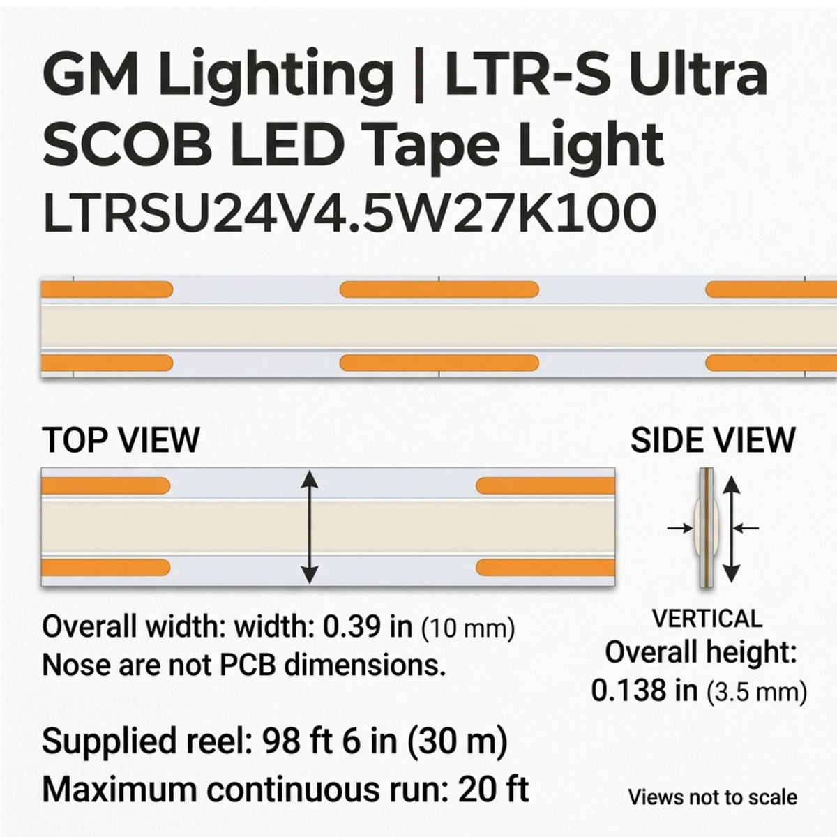 GM Lighting LTR-S Ultra LED tape light with top and side views and dimensions