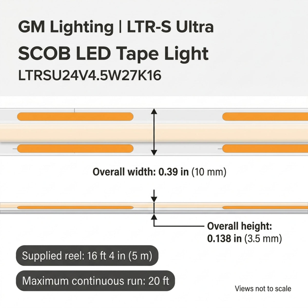 GM Lighting LTR-S Ultra LED tape light dimension diagram, 0.39-inch wide and 0.138-inch high