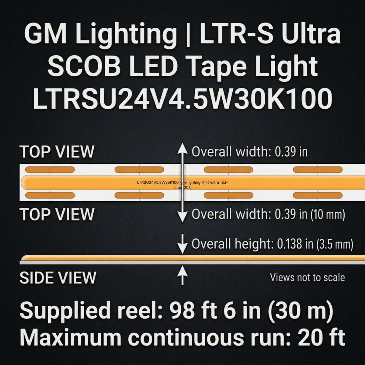 GM Lighting LED tape light dimensions: 0.39-inch width and 0.138-inch height