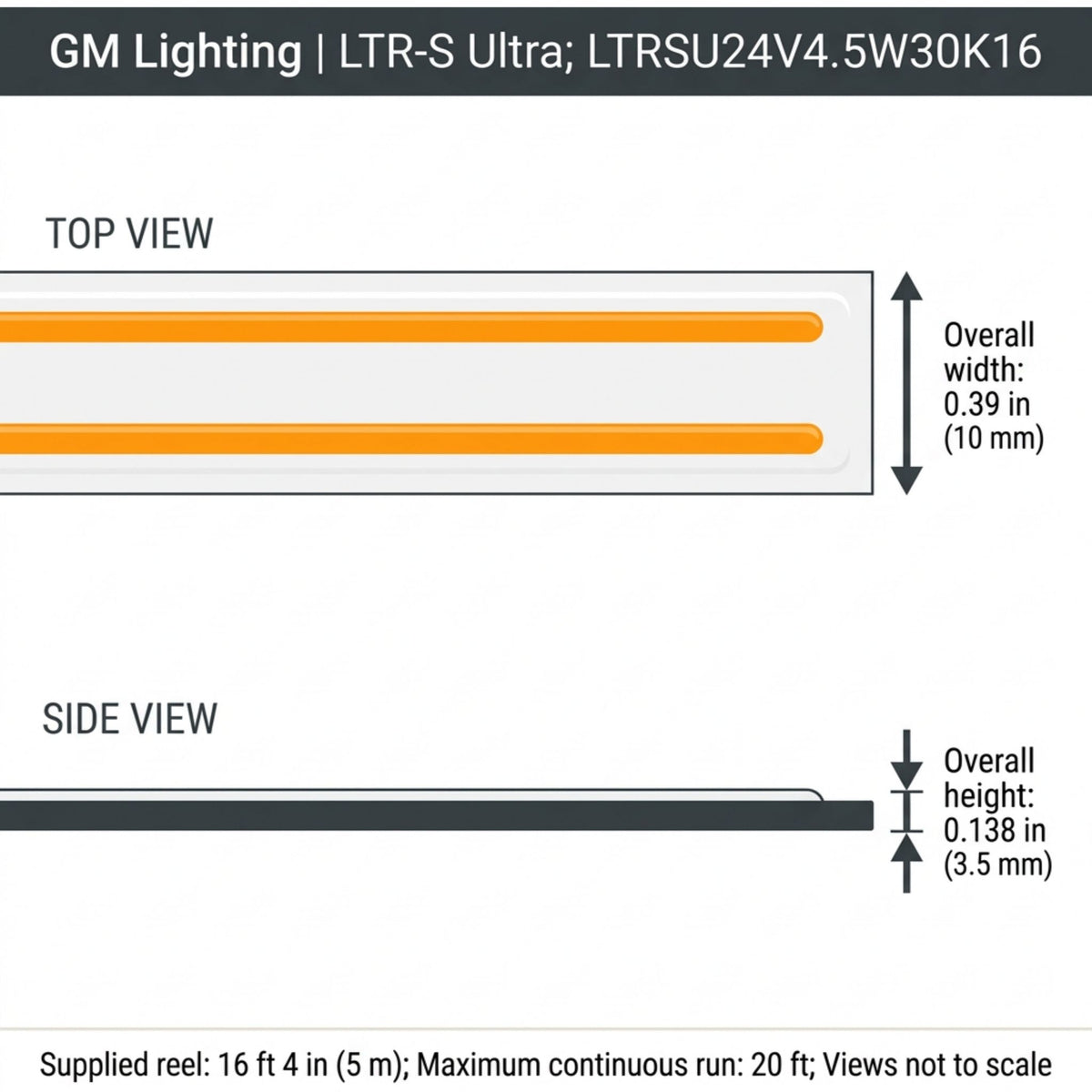 GM Lighting LTR-S Ultra LED tape light, top and side views with width and height dimensions