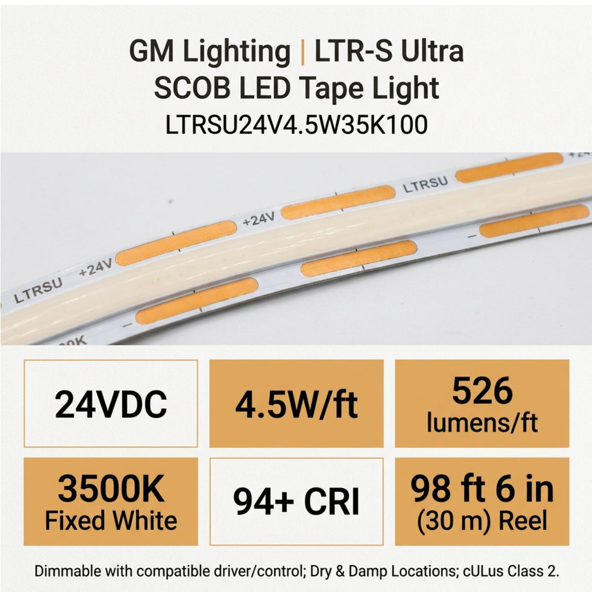 GM Lighting SCOB LED tape light with orange components and 24V, 4.5W/ft, 3500K specifications