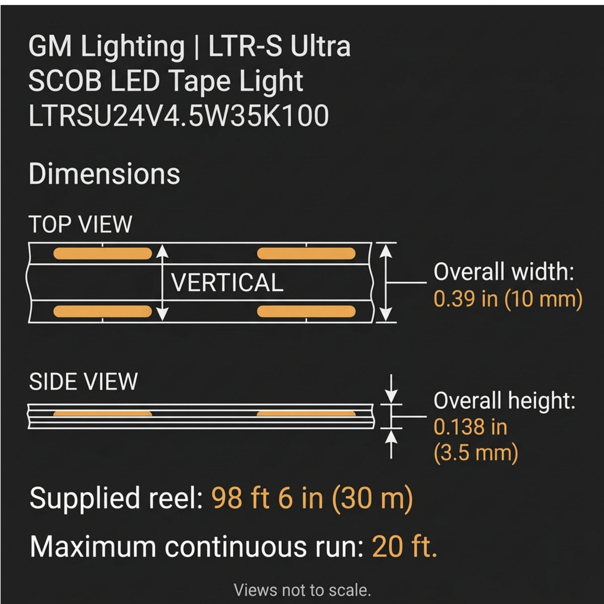 GM Lighting LED tape light dimension diagram showing 0.39-inch width and 0.138-inch height