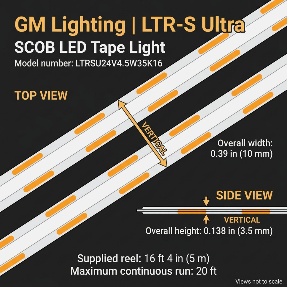 GM Lighting LTR-S Ultra LED tape light shown with width and height dimensions