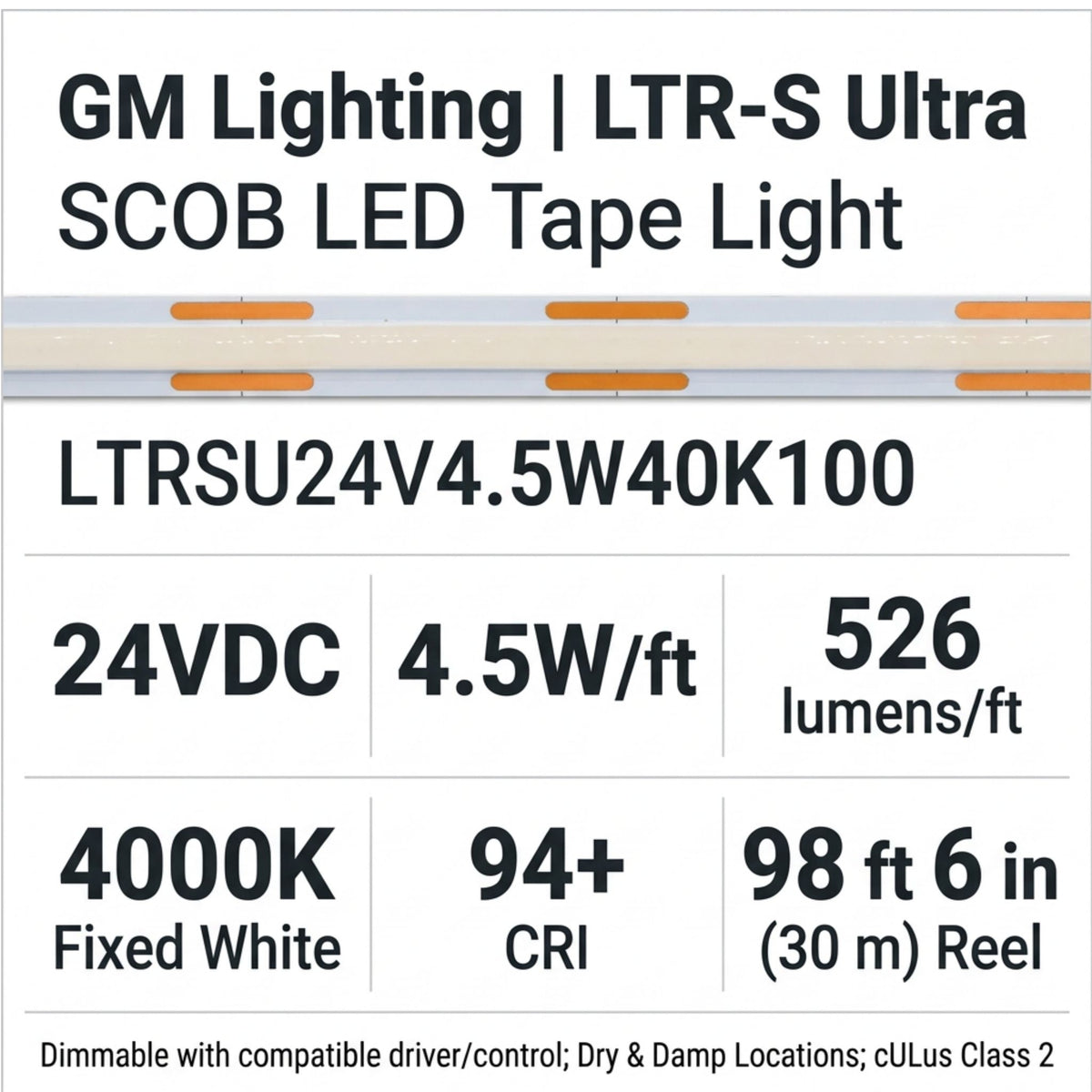 GM Lighting LED tape light with specifications: 24V, 4000K, 526 lumens per foot