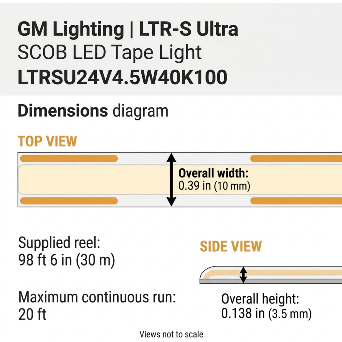 GM Lighting LED tape light dimensions diagram showing 10 mm width and 3.5 mm height