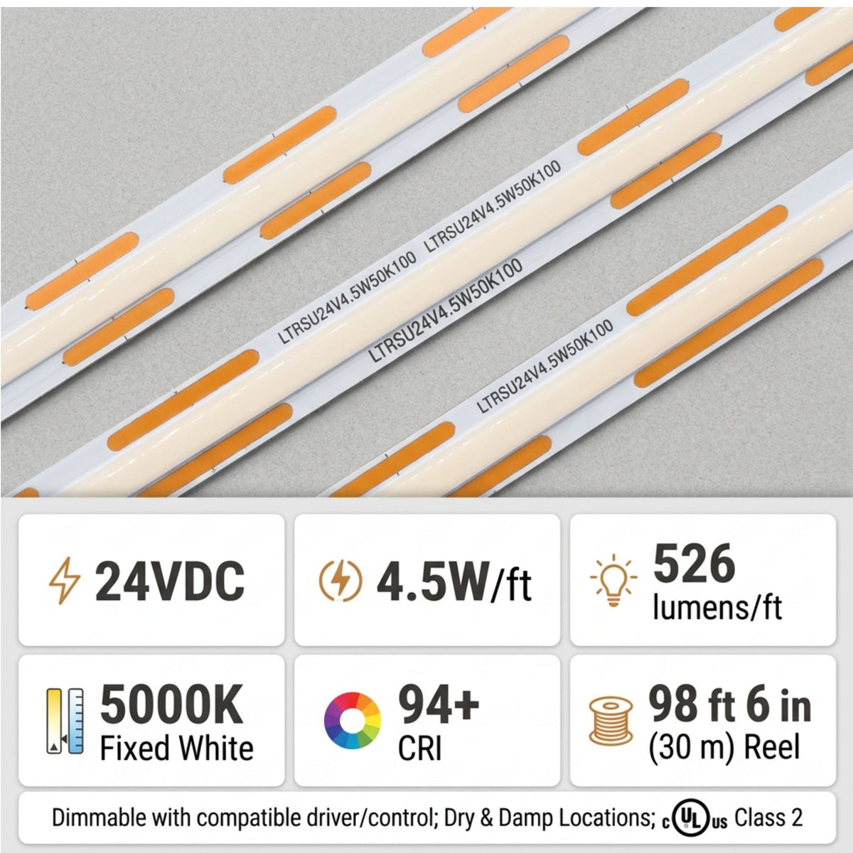 GM Lighting LTR-S Ultra LED tape light strips with 24V, 5000K, 4.5W/ft and 526 lm/ft specs