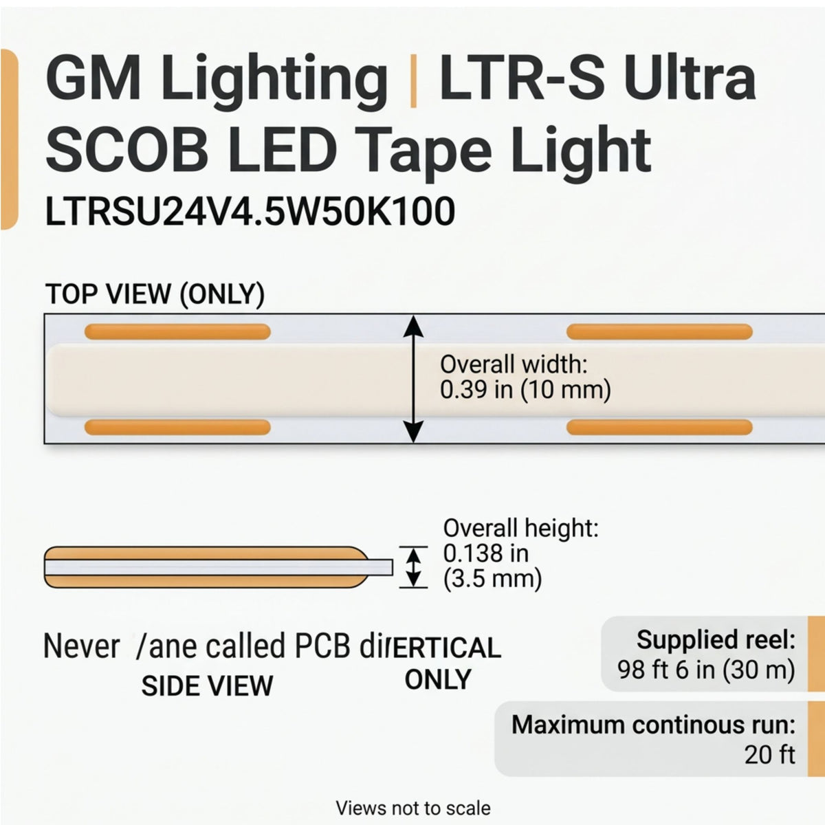 GM Lighting LTR-S Ultra LED tape light dimension diagram showing 10 mm width and 3.5 mm height