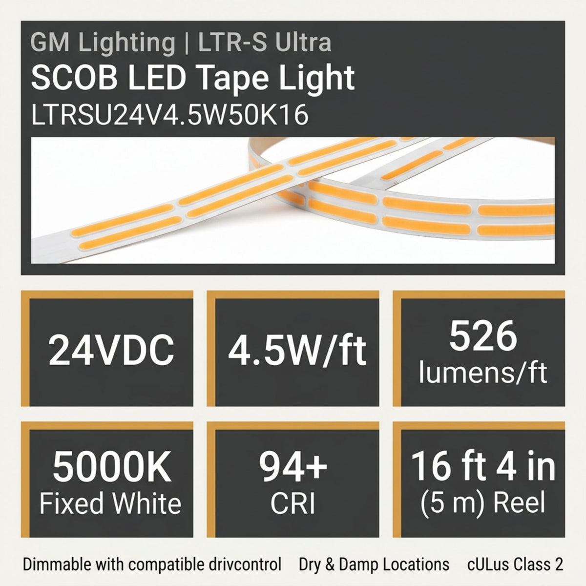 GM Lighting LTR-S Ultra SCOB LED tape light with 24V, wattage, output, and color details