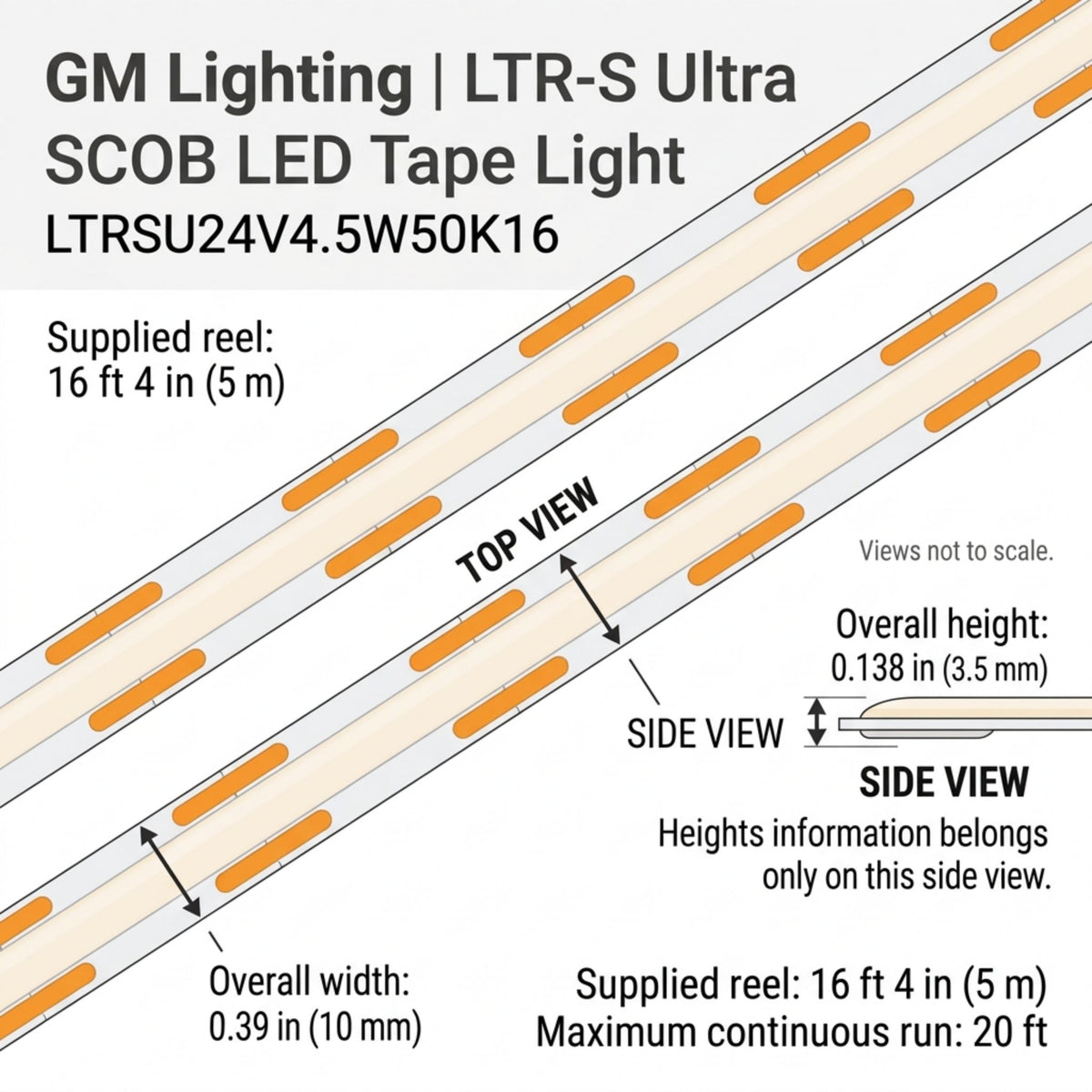 GM Lighting LTR-S Ultra LED tape light with width and height dimensions