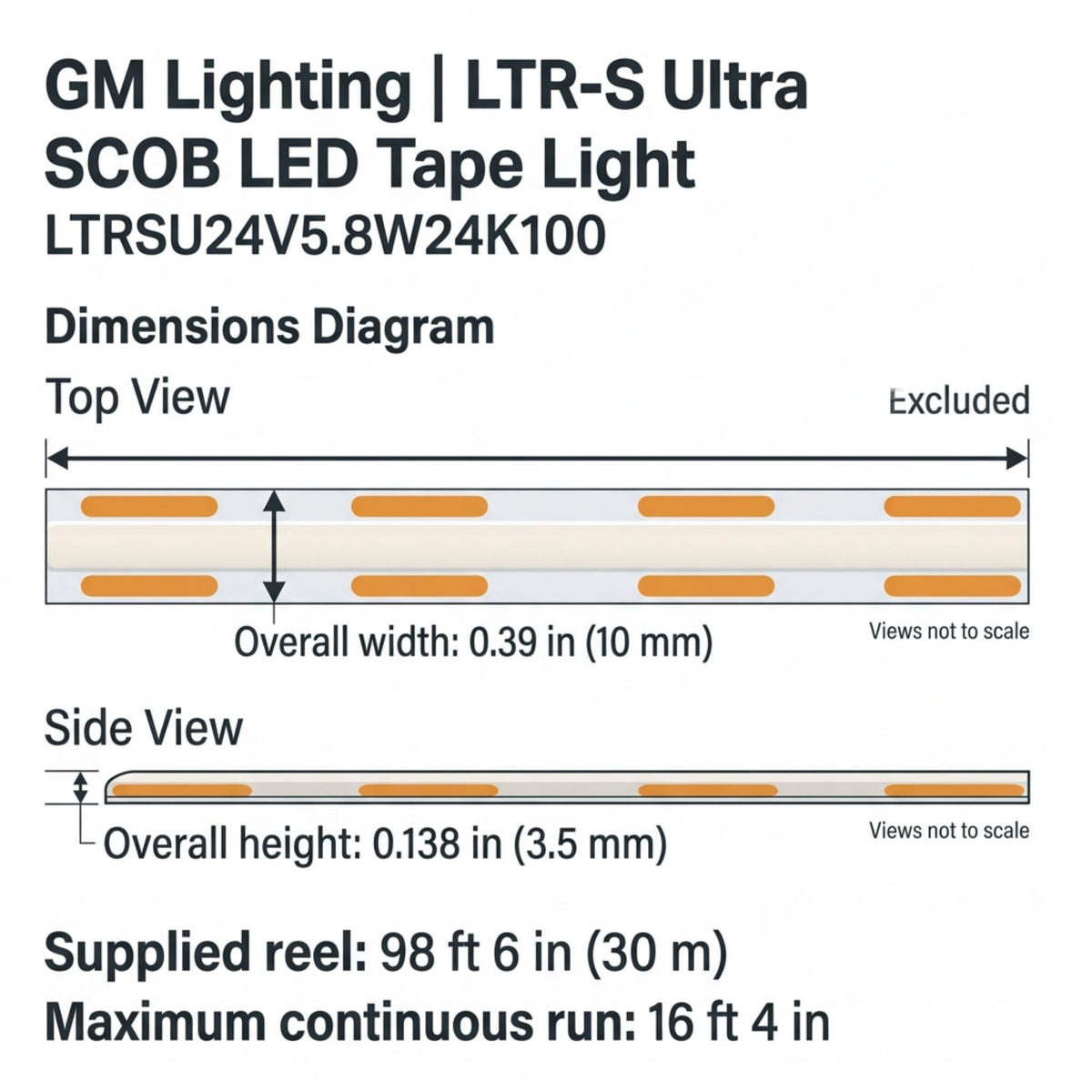 GM Lighting LTR-S Ultra LED tape light dimensions diagram showing 0.39-inch width and 0.138-inch height.