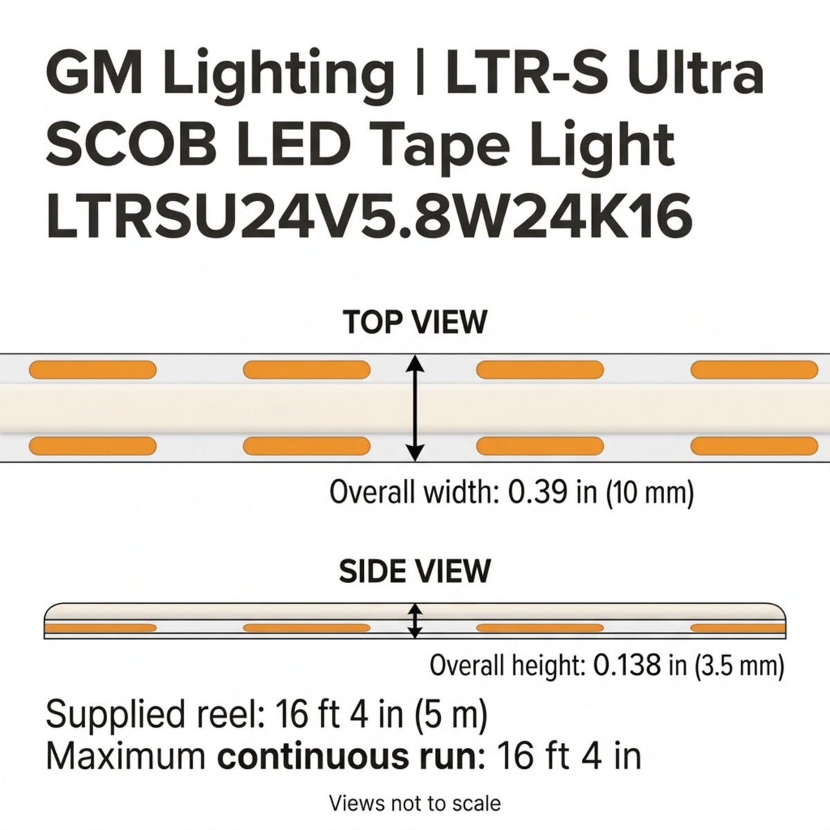 GM Lighting LTR-S Ultra LED tape light top and side views with width and height dimensions